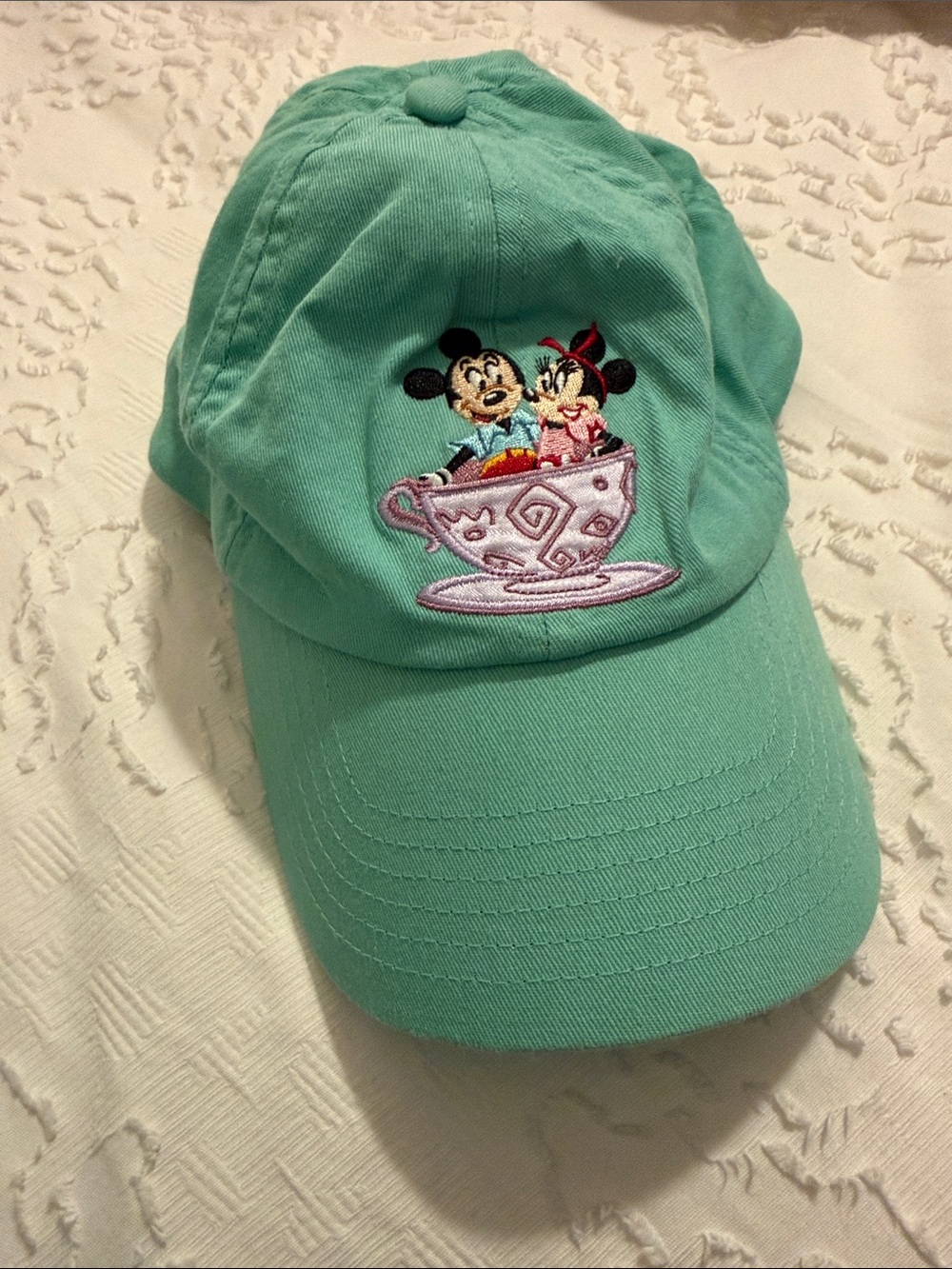 Disney World Mint Green Baseball Cap with Mickey & Minnie Teacup Embroidery